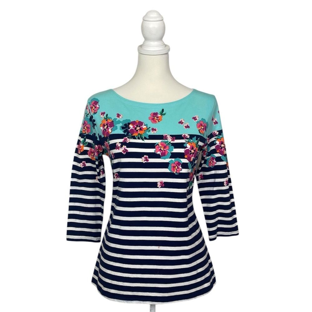 Talbots Floral Striped Top Blue White Nautical 3/4 Sleeve Stretch Cotton Shirt
